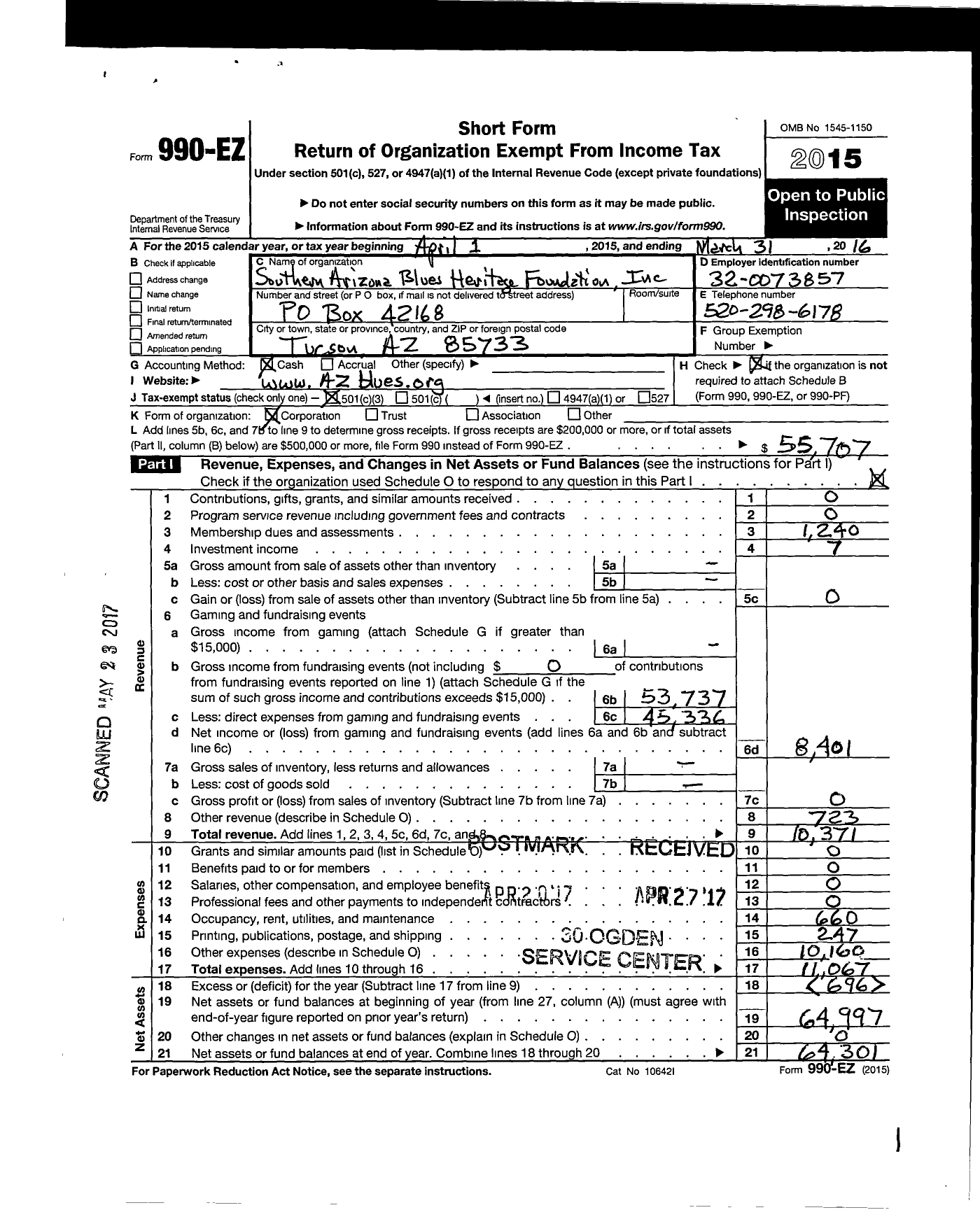 Image of first page of 2015 Form 990EZ for Southern Arizona Blues Heritage Foundation