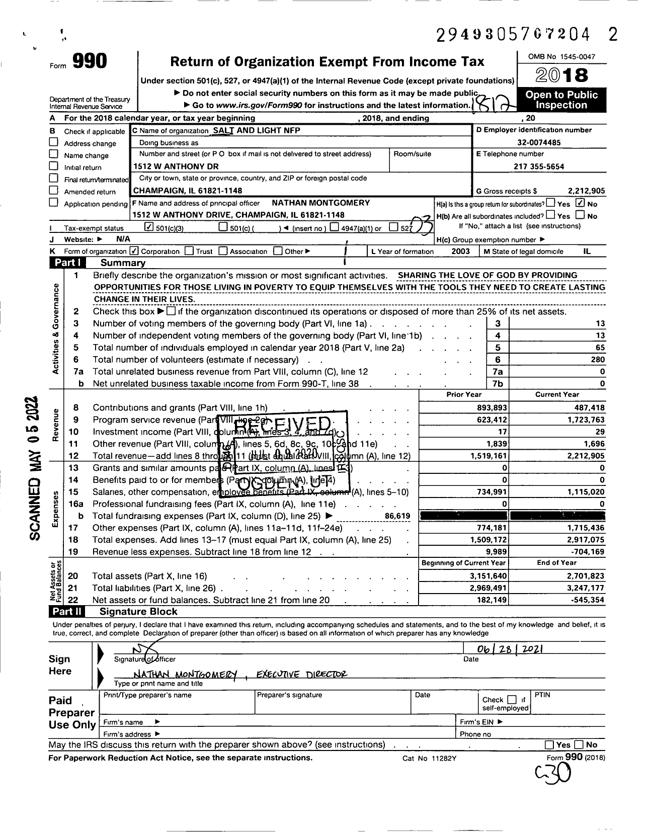 Image of first page of 2018 Form 990 for Salt and Light NFP