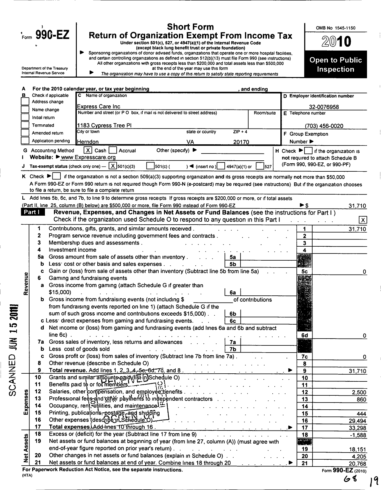 Image of first page of 2010 Form 990EZ for Express Care