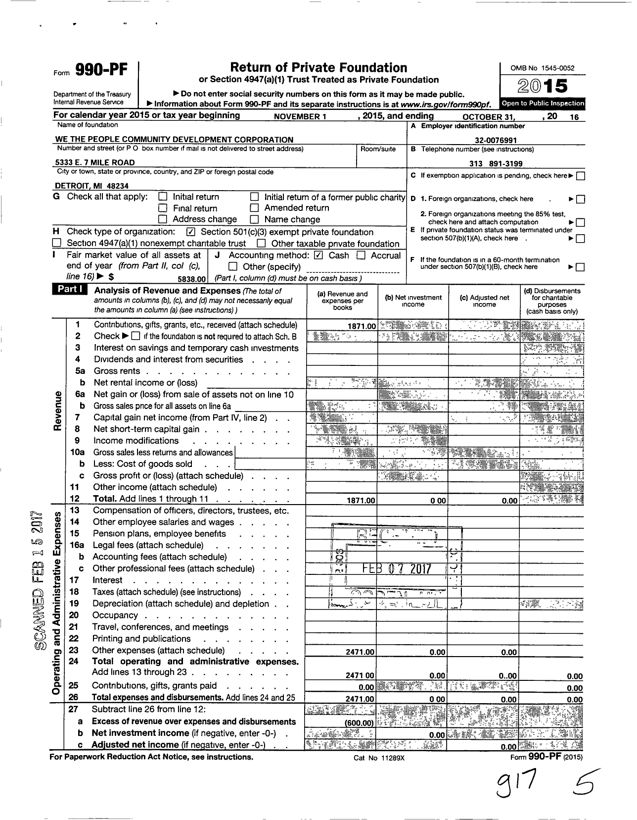 Image of first page of 2015 Form 990PF for We the People Community Development Corporation