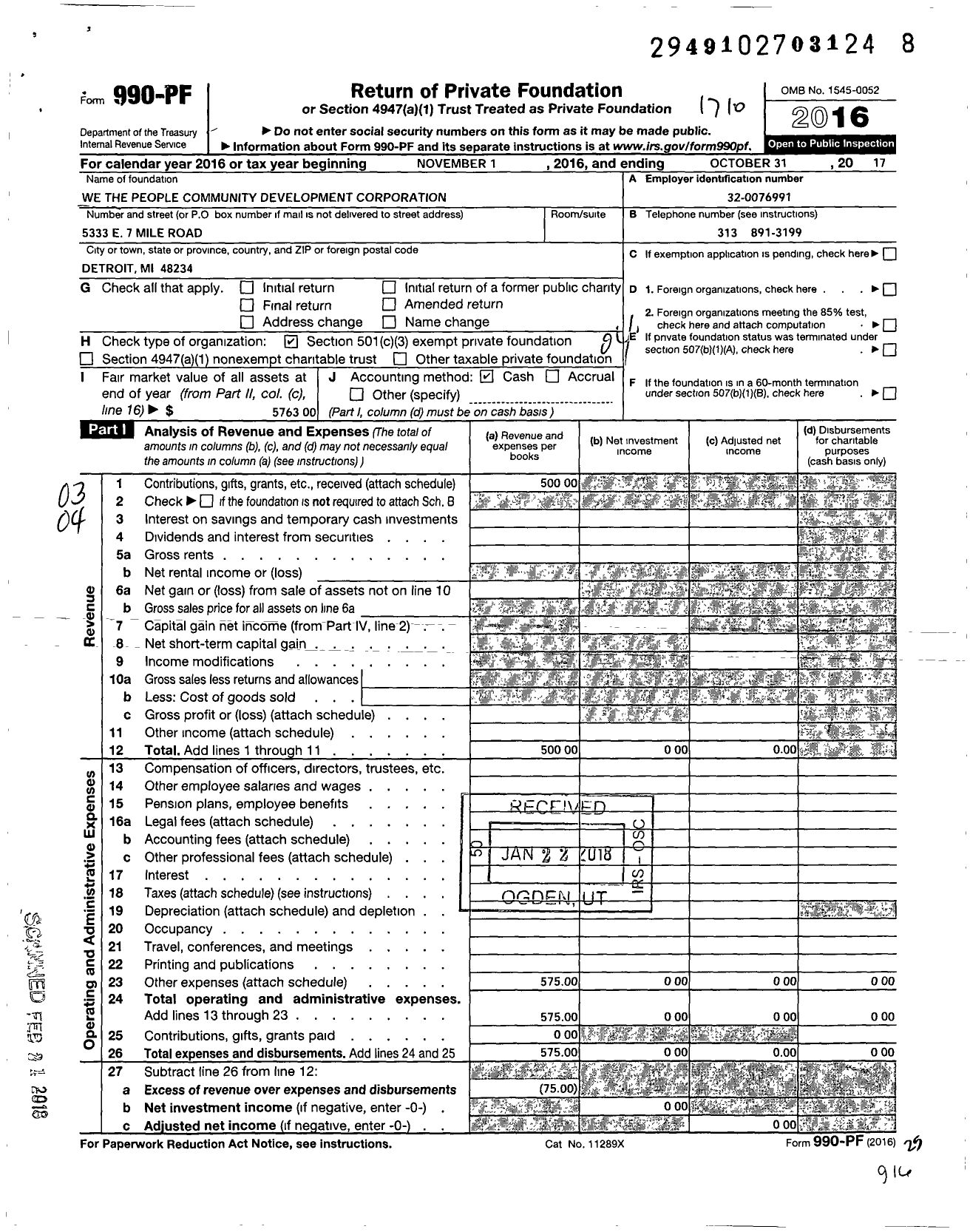 Image of first page of 2016 Form 990PF for We the People Community Development Corporation