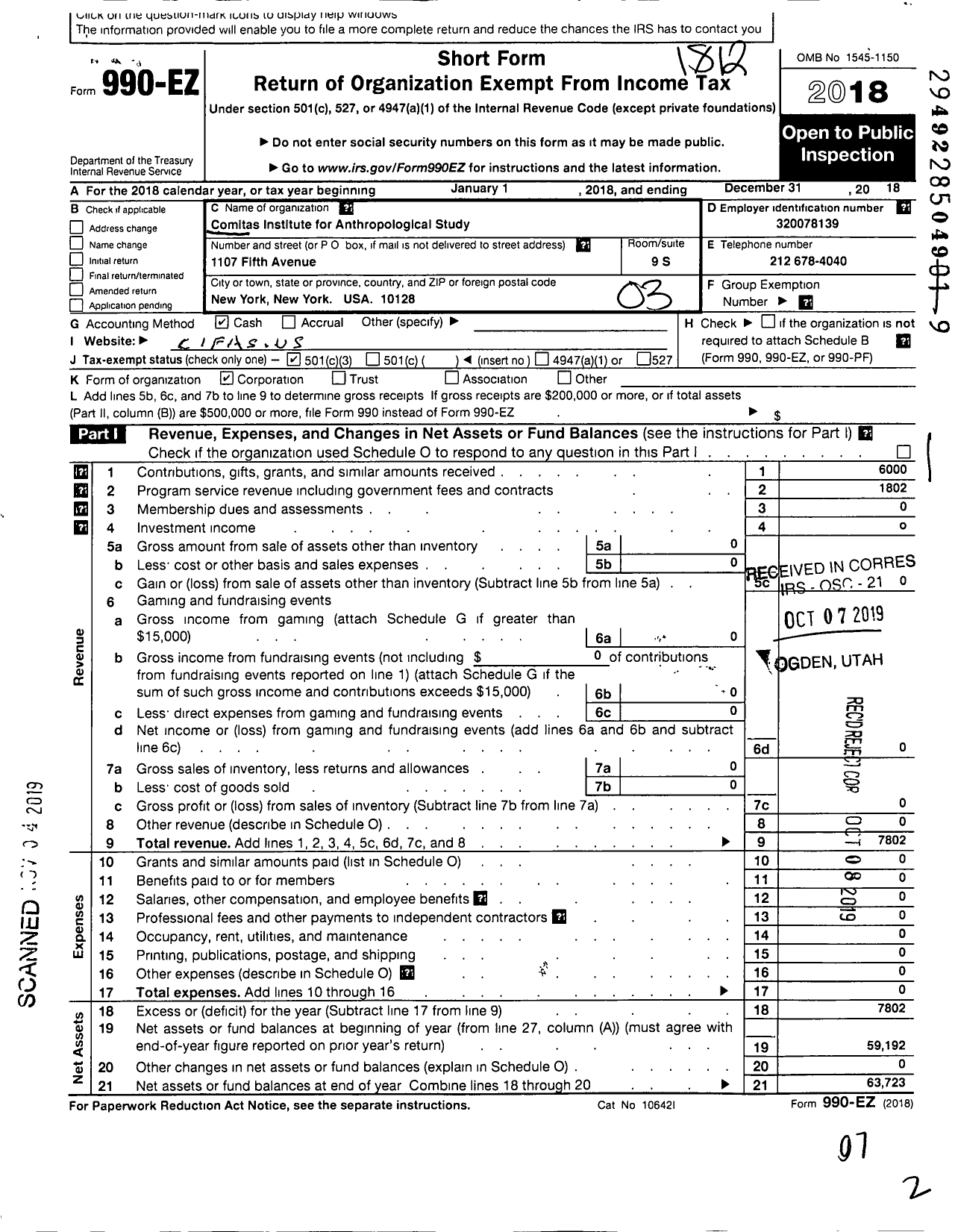 Image of first page of 2018 Form 990EZ for Comitas Institute for Anthropological Study