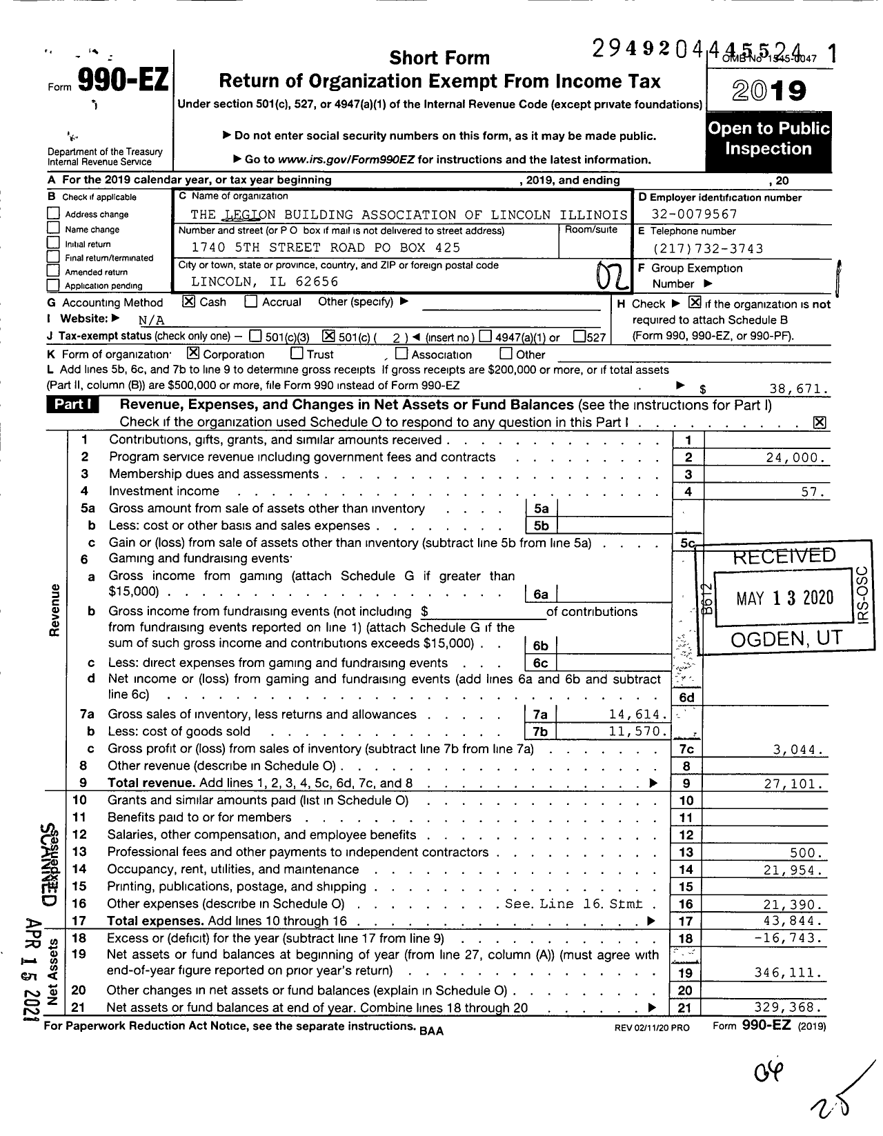 Image of first page of 2019 Form 990EO for The Legion Building Association of Lincoln Illinois