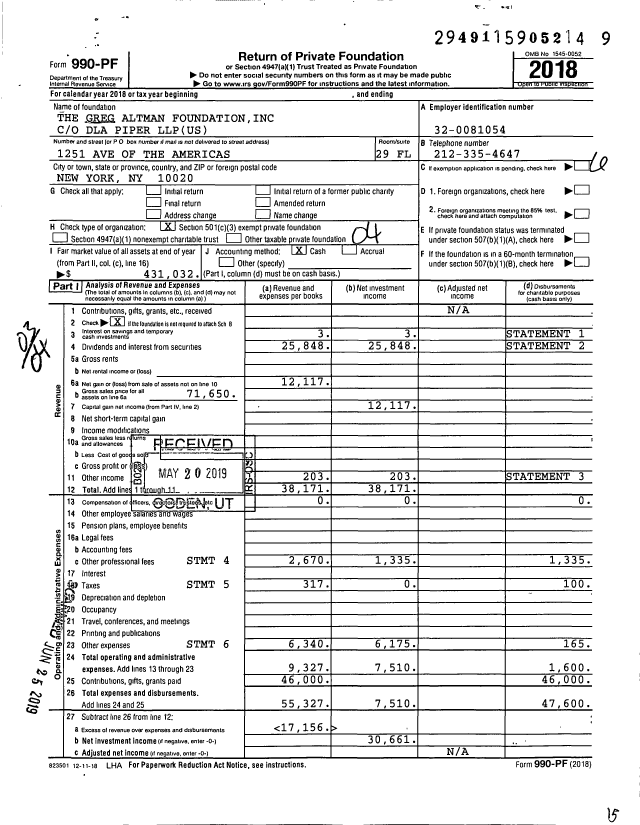 Image of first page of 2018 Form 990PF for The Greg Altman Foundationinc
