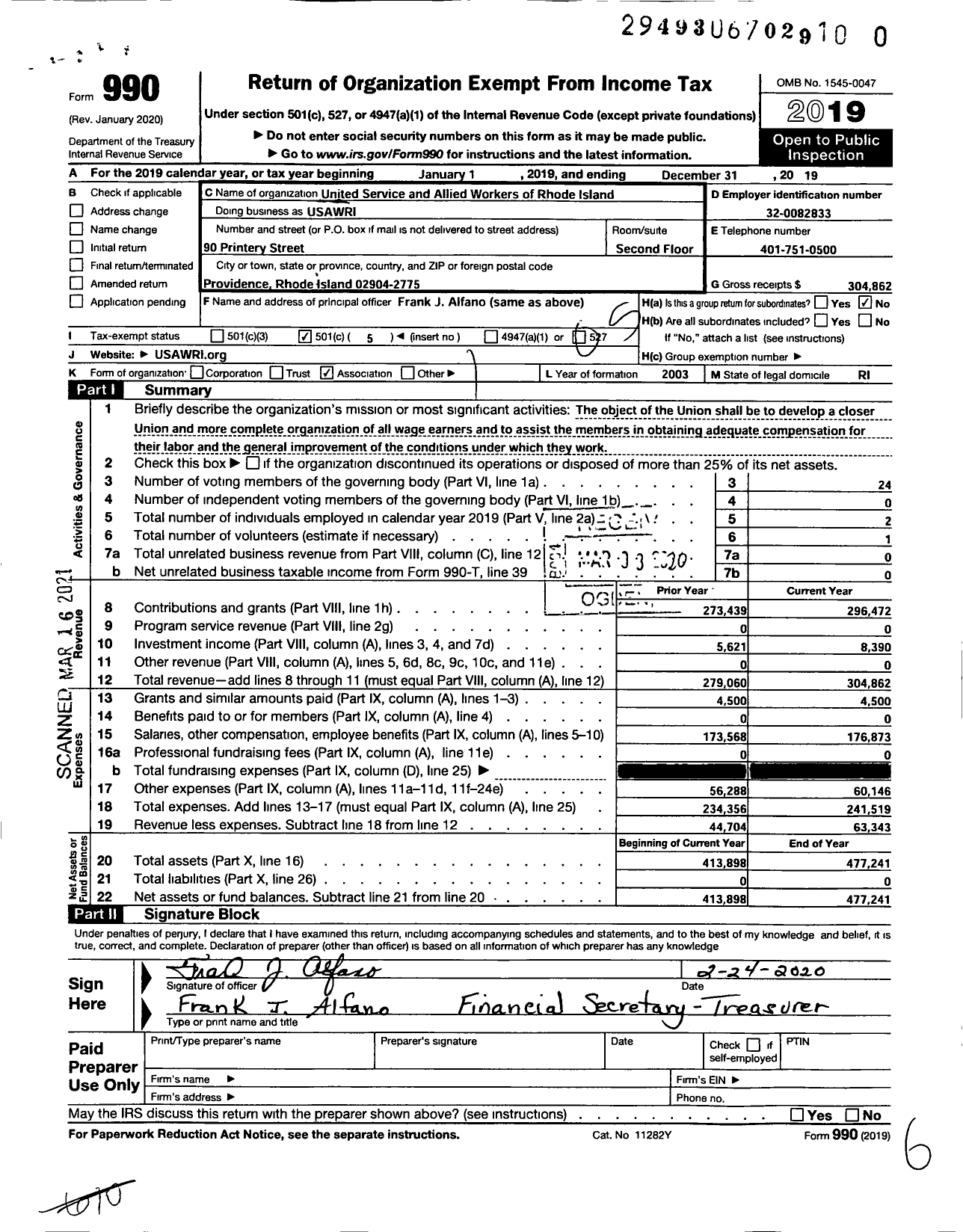 Image of first page of 2019 Form 990O for United Service and Allied Workers of Rhode Island (USAWRI)