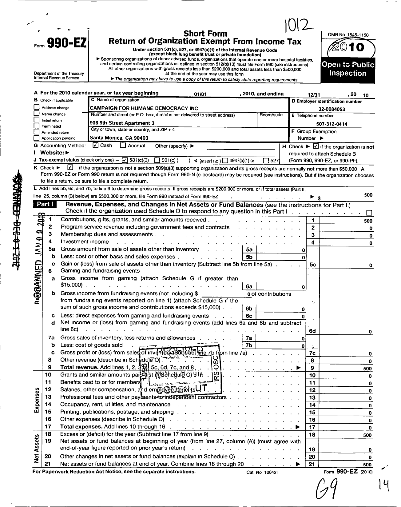 Image of first page of 2010 Form 990EZ for Campaign for Humane Democracy