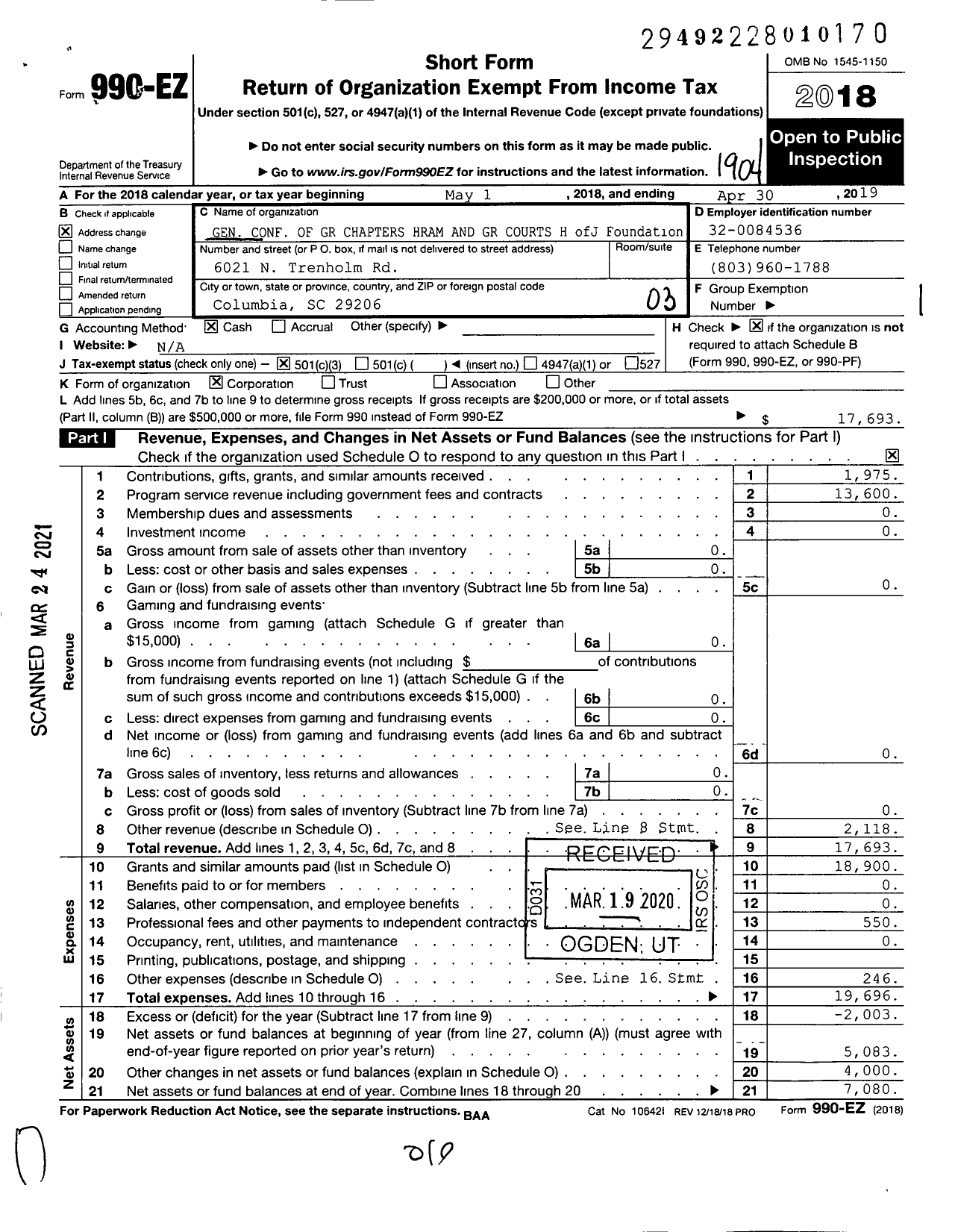 Image of first page of 2018 Form 990EZ for General Conference of Grand Chapters Hram and Grand Courts H J