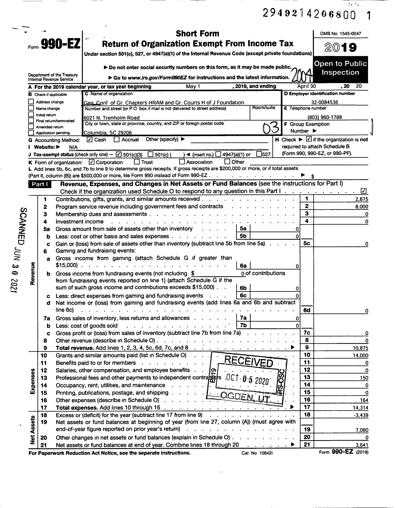 Image of first page of 2019 Form 990EZ for General Conference of Grand Chapters Hram and Grand Courts H J