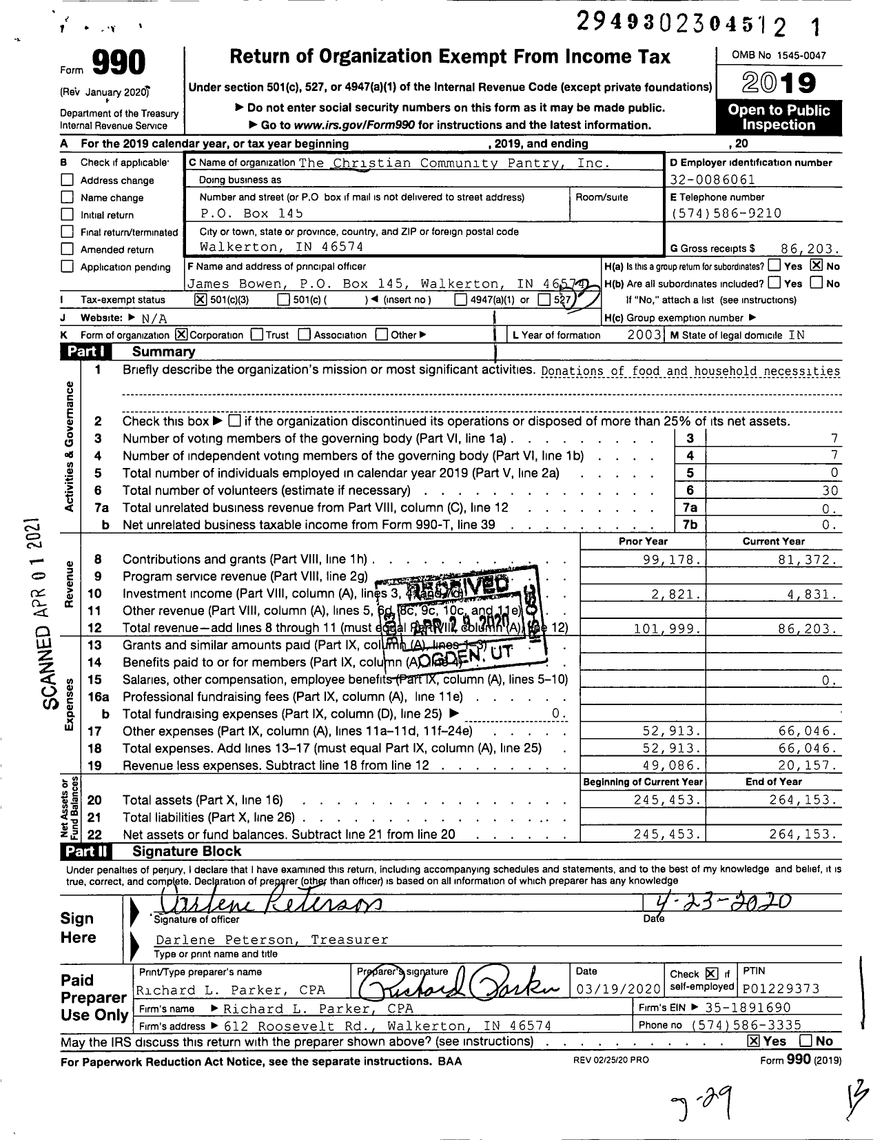 Image of first page of 2019 Form 990 for The Christian Community Pantry
