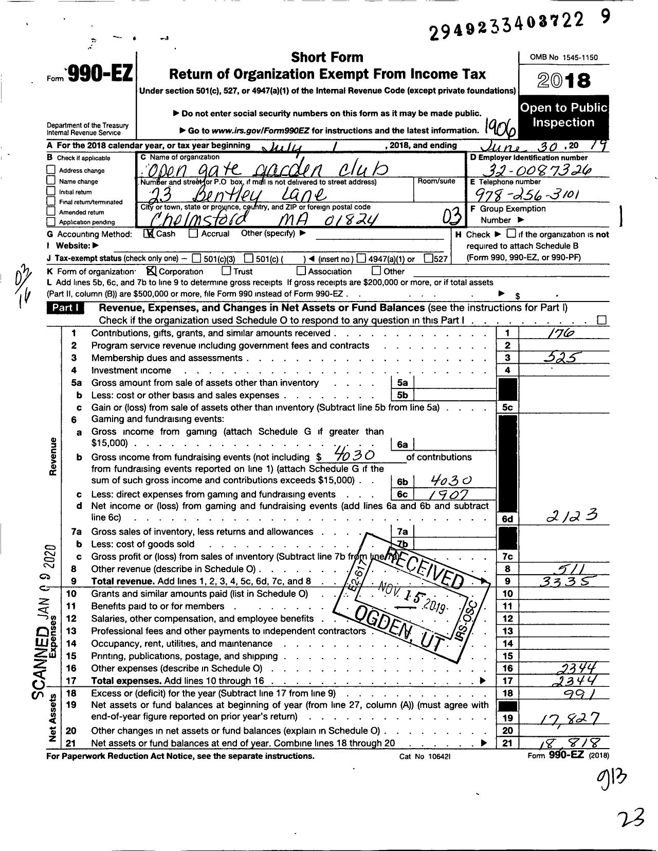 Image of first page of 2018 Form 990EZ for Garden Club Federation of Massachusetts / Chelmsford Open Gate Garden Club