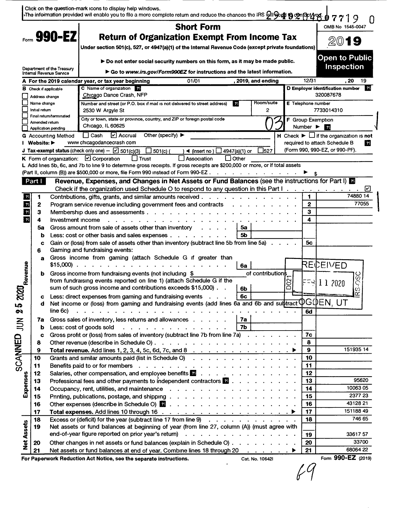 Image of first page of 2019 Form 990EZ for Chicago Dance Crash NFP