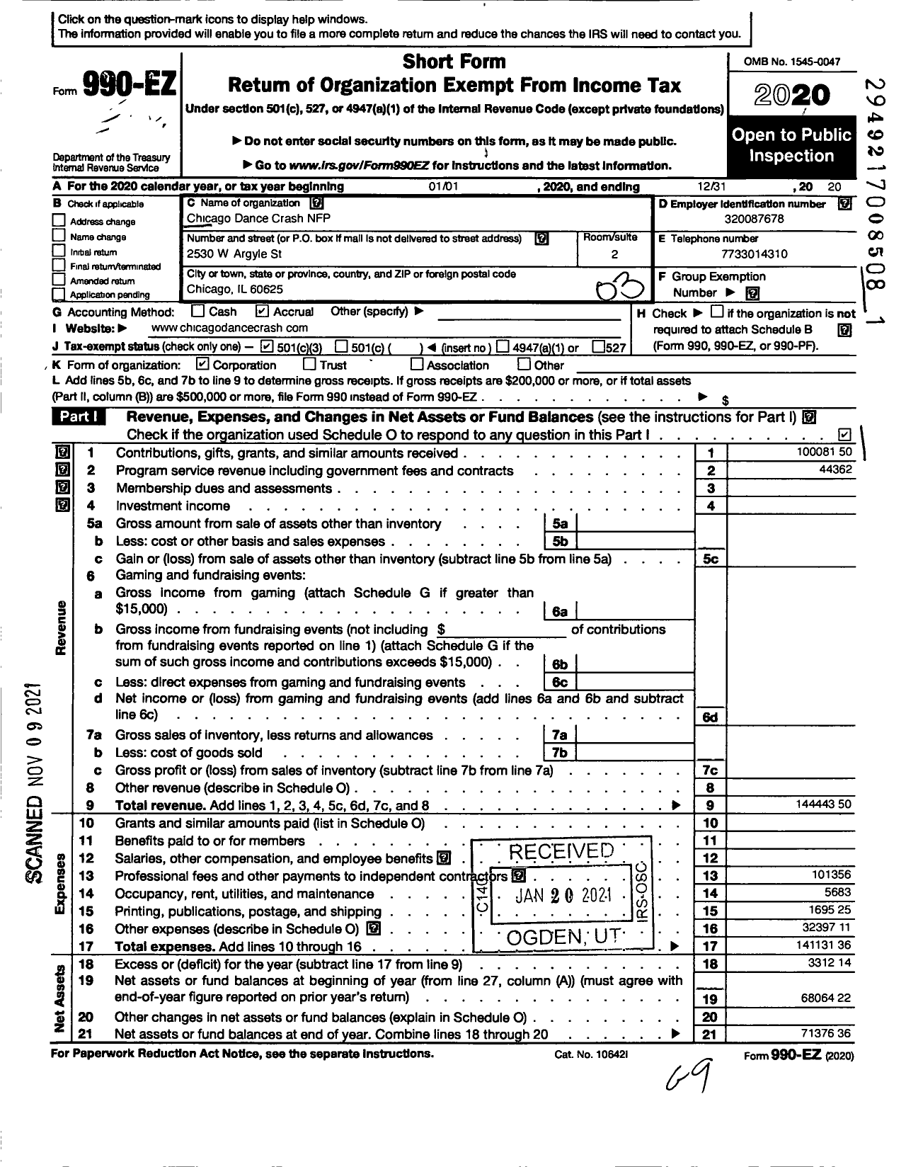 Image of first page of 2020 Form 990EZ for Chicago Dance Crash NFP