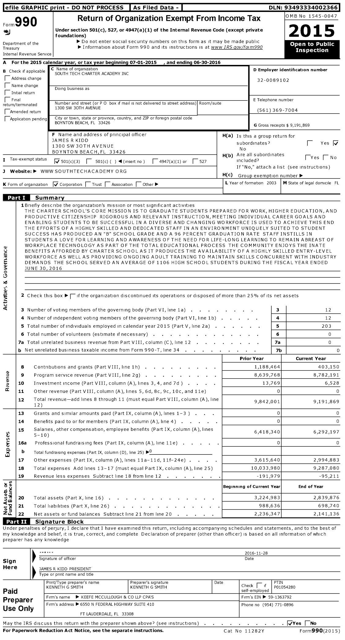 Image of first page of 2015 Form 990 for South Tech Charter Academy