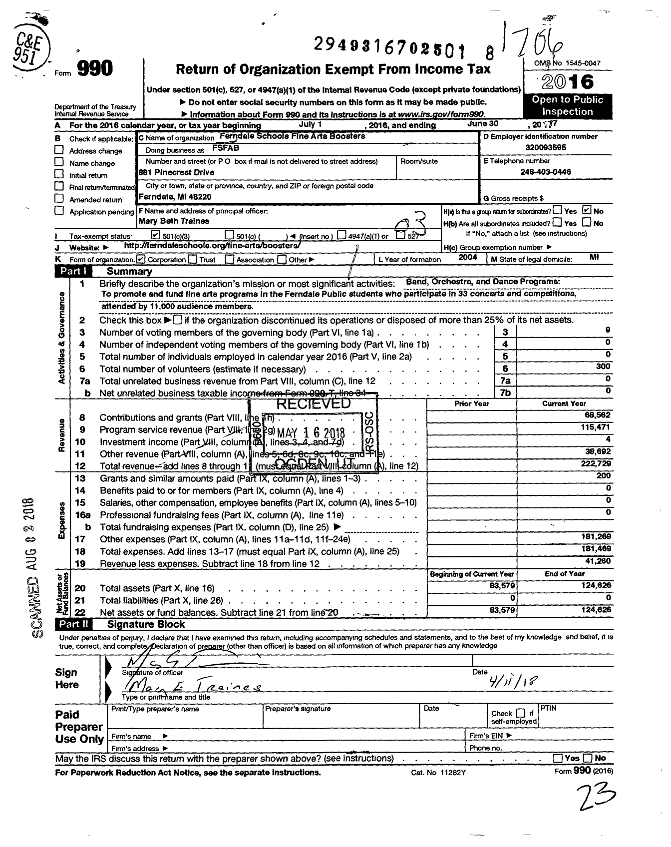 Image of first page of 2016 Form 990 for Ferndale Schools Fine Arts Boosters