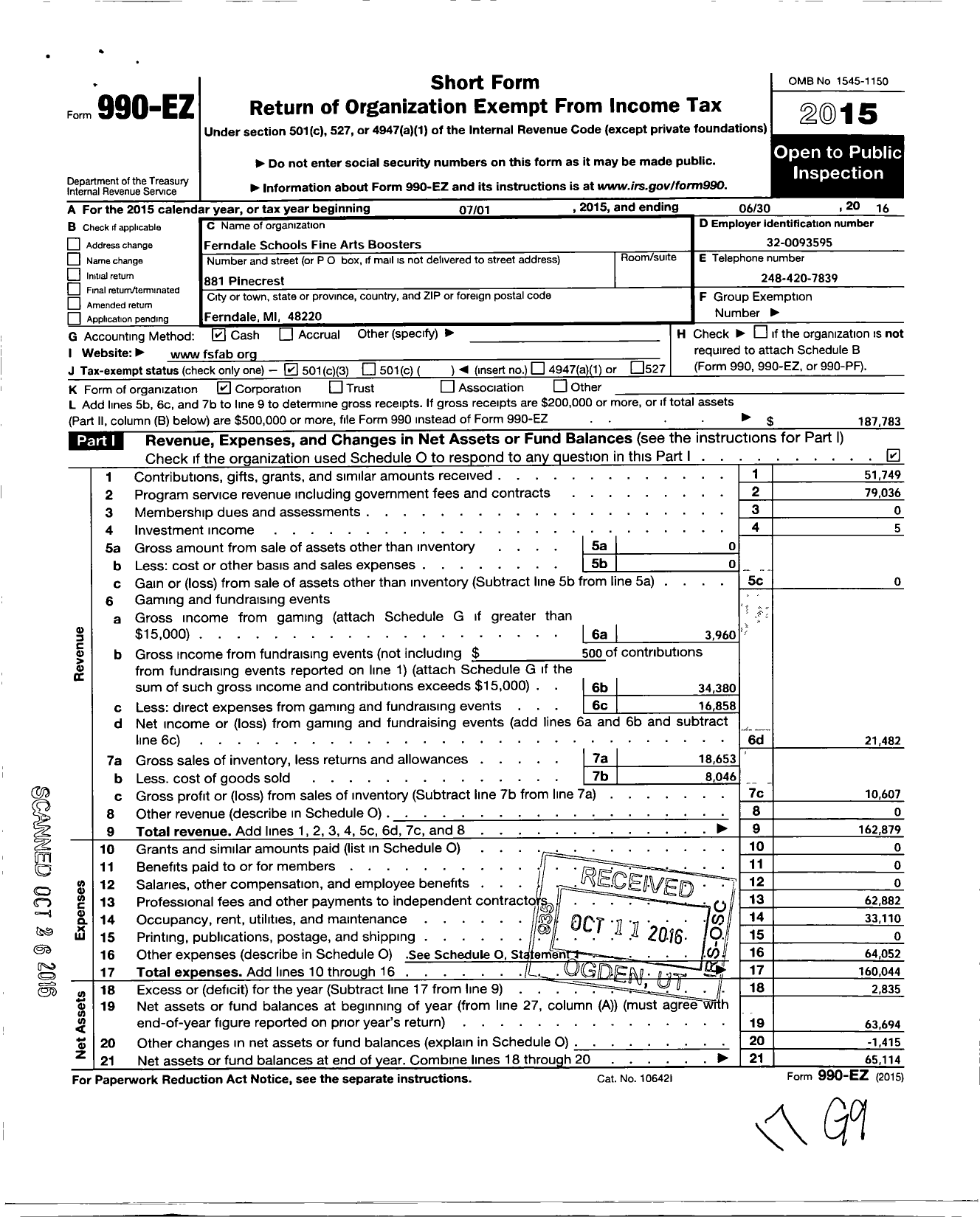 Image of first page of 2015 Form 990EZ for Ferndale Schools Fine Arts Boosters