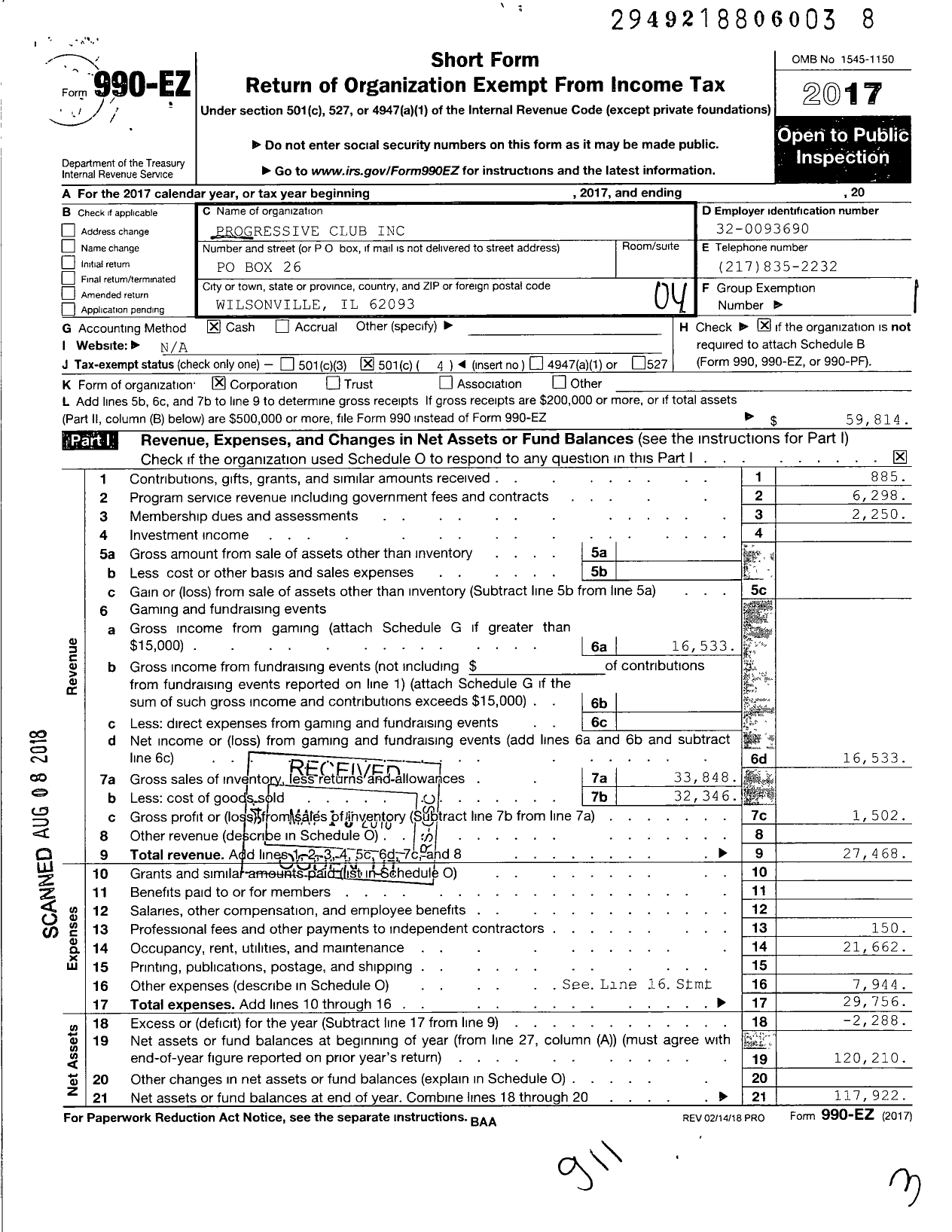 Image of first page of 2017 Form 990EO for Progressive Club