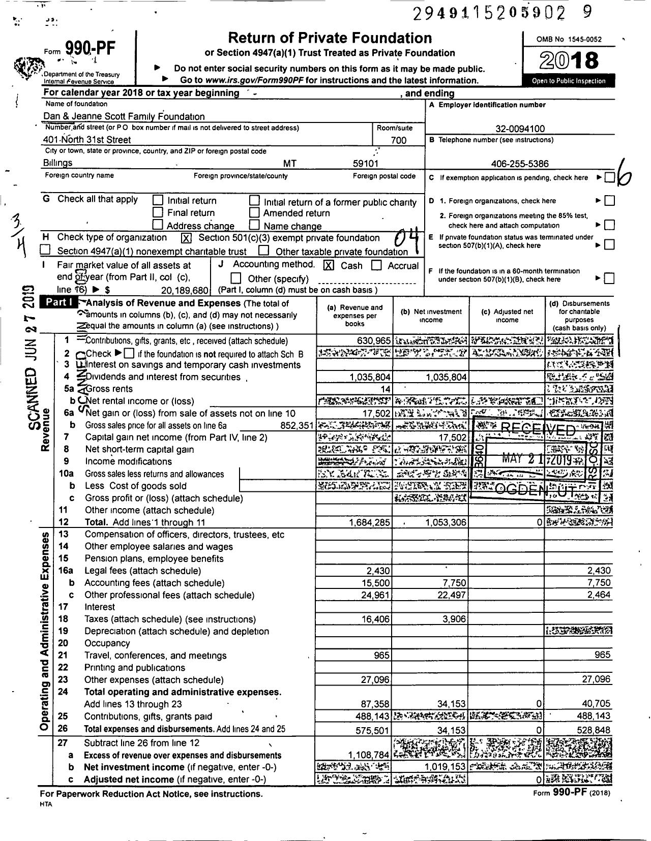 Image of first page of 2018 Form 990PF for Dan & Jeanne Scott Family Foundation