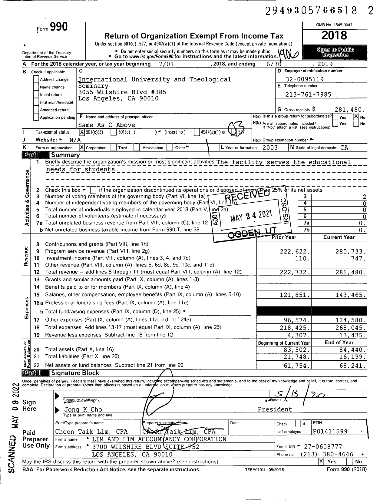 Image of first page of 2018 Form 990 for International University and Theological Seminary