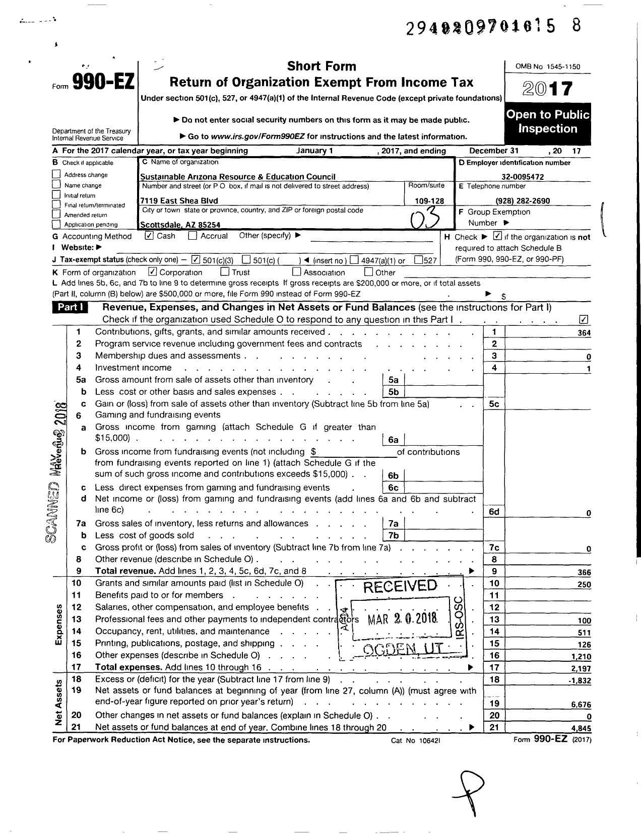 Image of first page of 2017 Form 990EZ for Sustainable Arizona