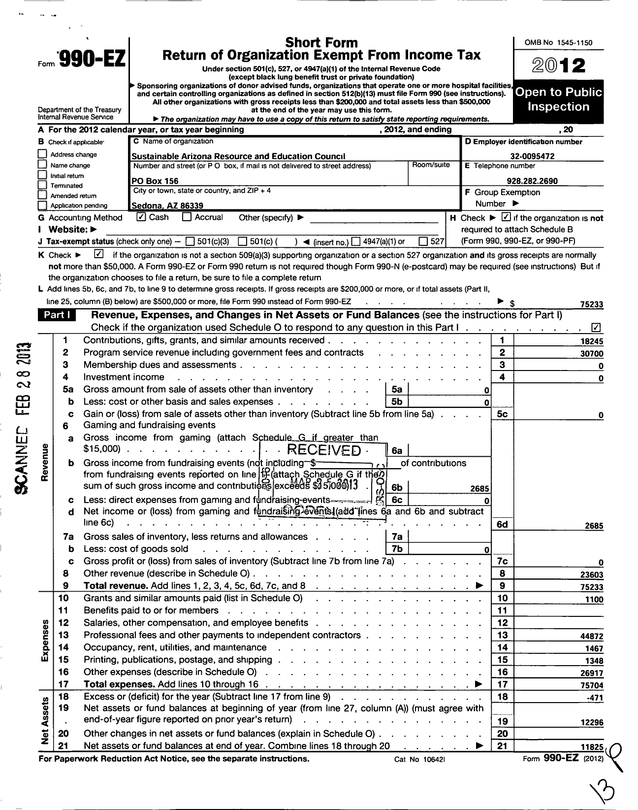 Image of first page of 2012 Form 990EZ for Sustainable Arizona