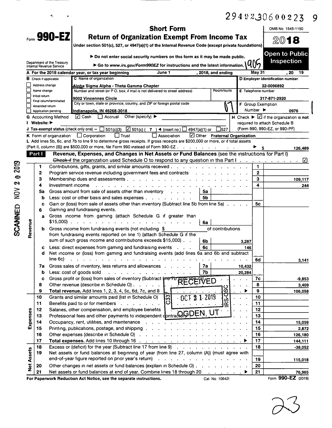 Image of first page of 2018 Form 990EO for ALPHA SIGMA ALPHA SORORITY Theta Gamma Chapter