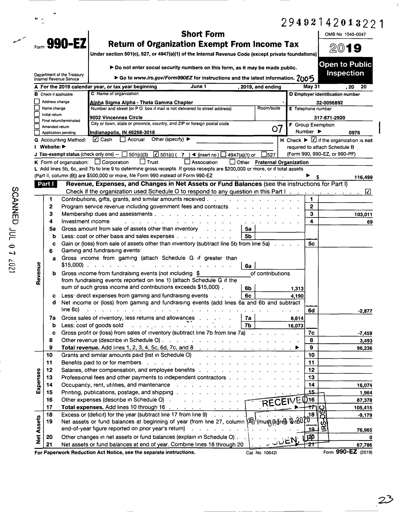 Image of first page of 2019 Form 990EO for ALPHA SIGMA ALPHA SORORITY Theta Gamma Chapter