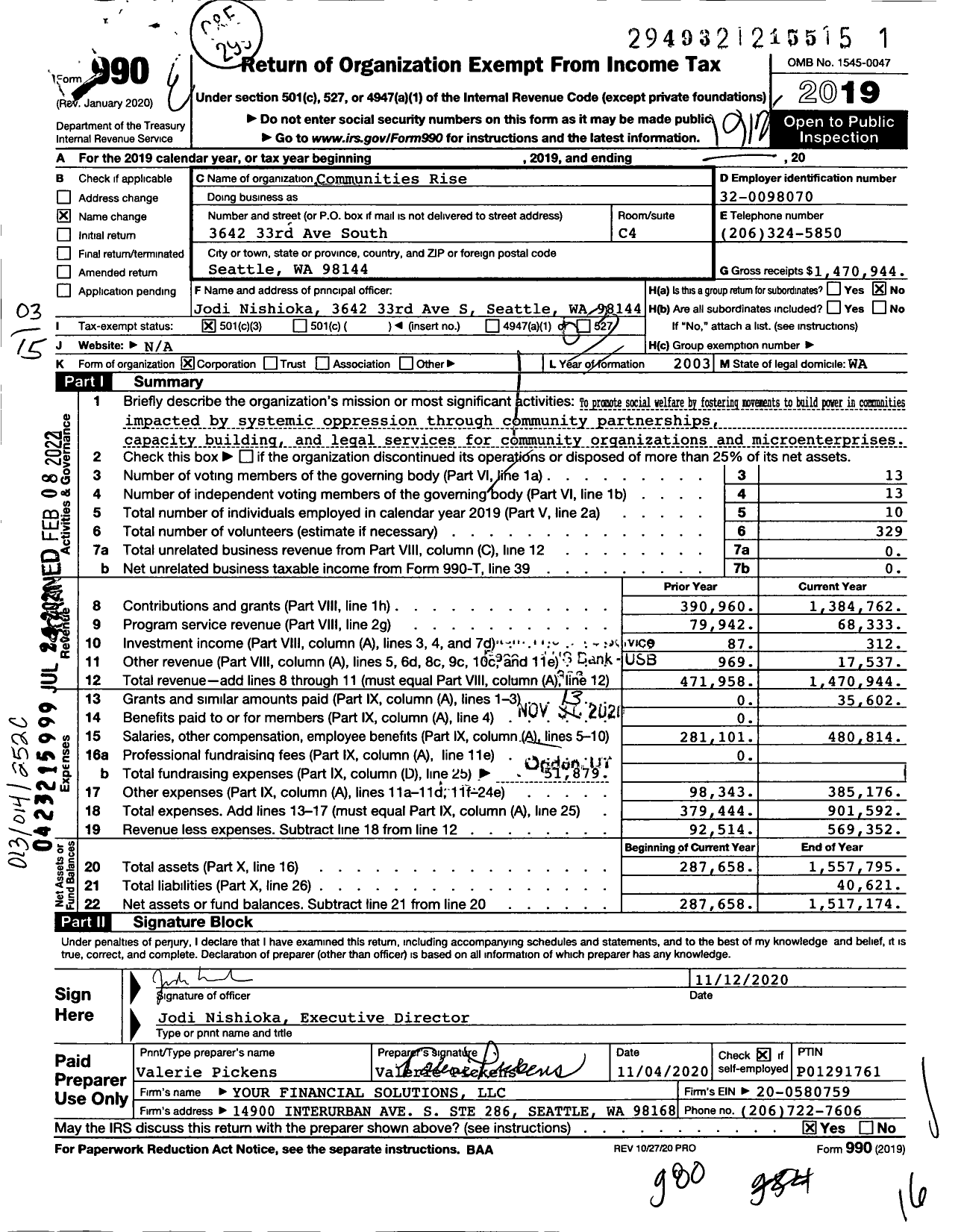 Image of first page of 2019 Form 990 for Communities Rise