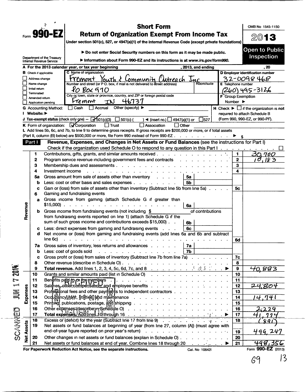 Image of first page of 2013 Form 990EZ for Fremont Youth and Community Outreach