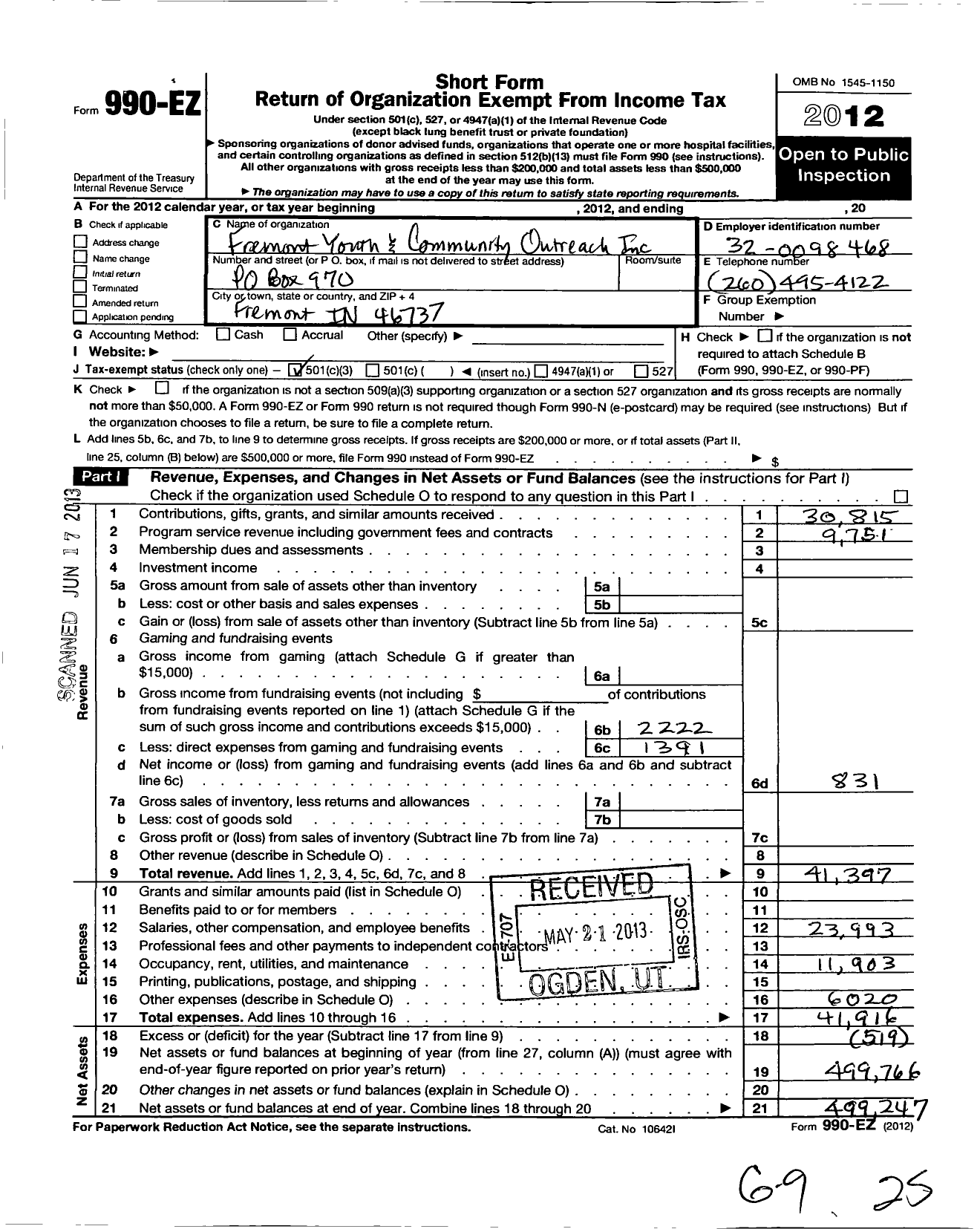 Image of first page of 2012 Form 990EZ for Fremont Youth and Community Outreach