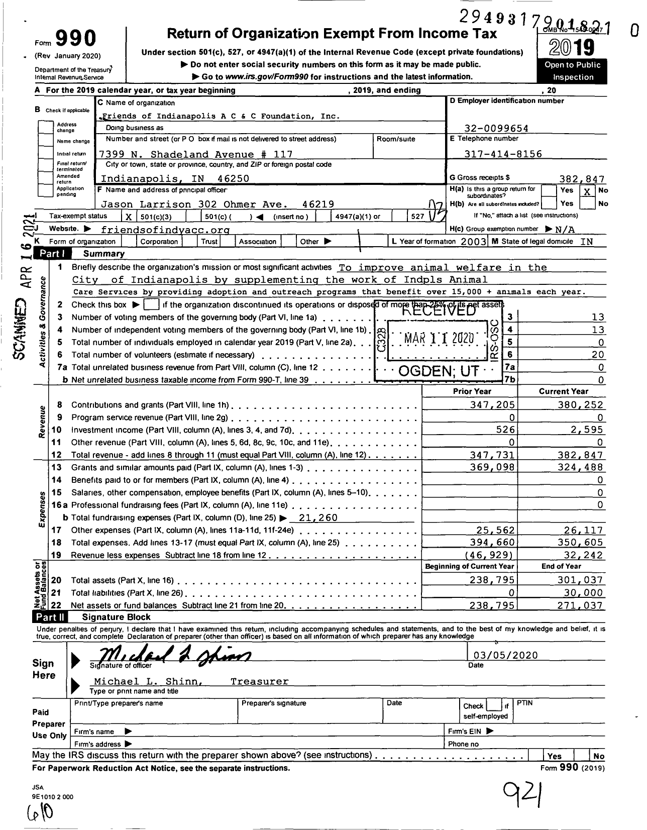 Image of first page of 2019 Form 990 for Friends of Indy Animals