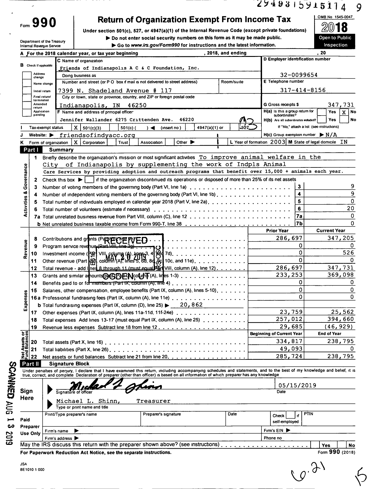 Image of first page of 2018 Form 990 for Friends of Indy Animals