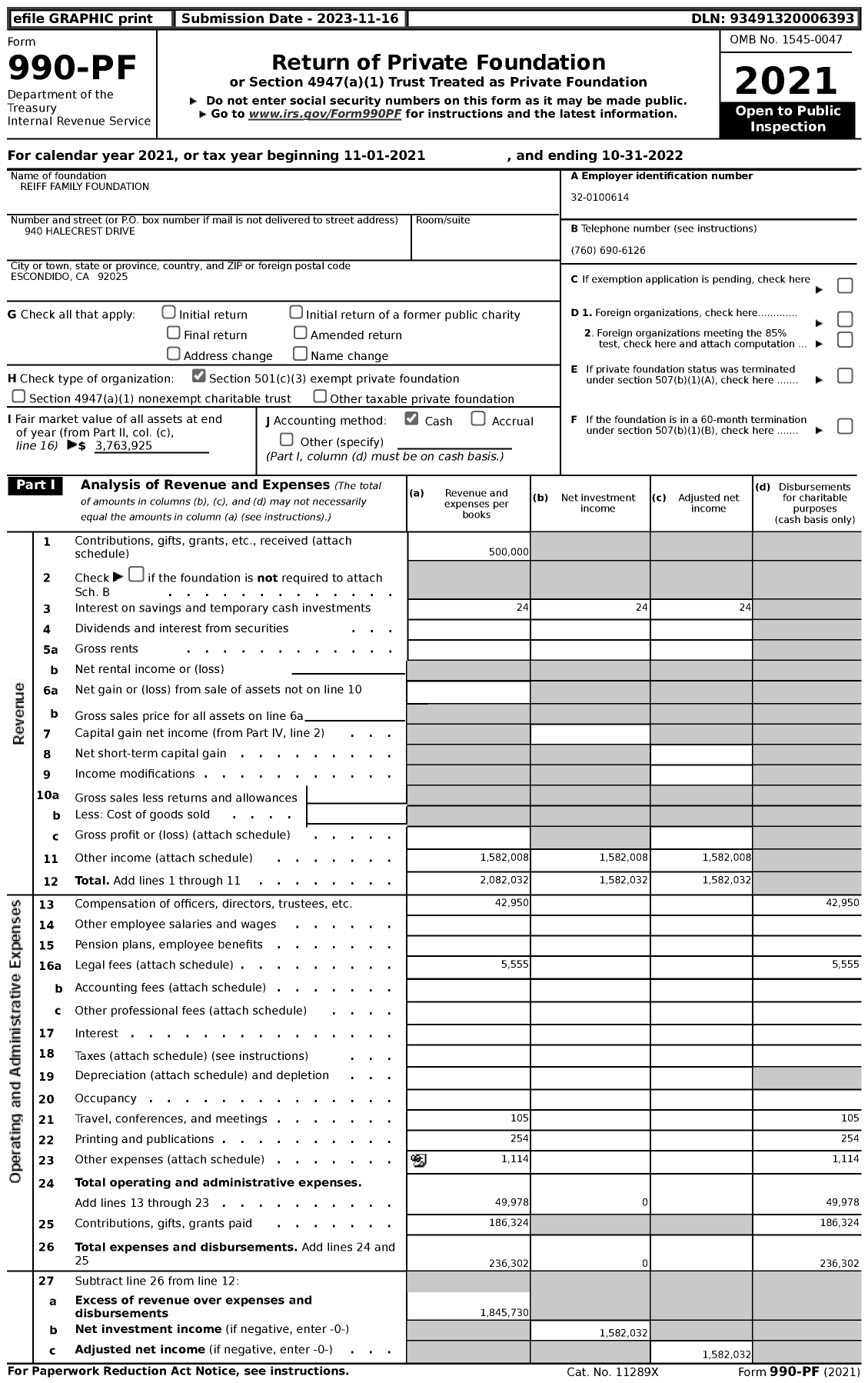 Image of first page of 2021 Form 990PF for Reiff Family Foundation