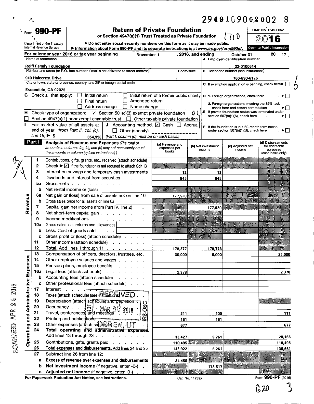 Image of first page of 2016 Form 990PF for Reiff Family Foundation