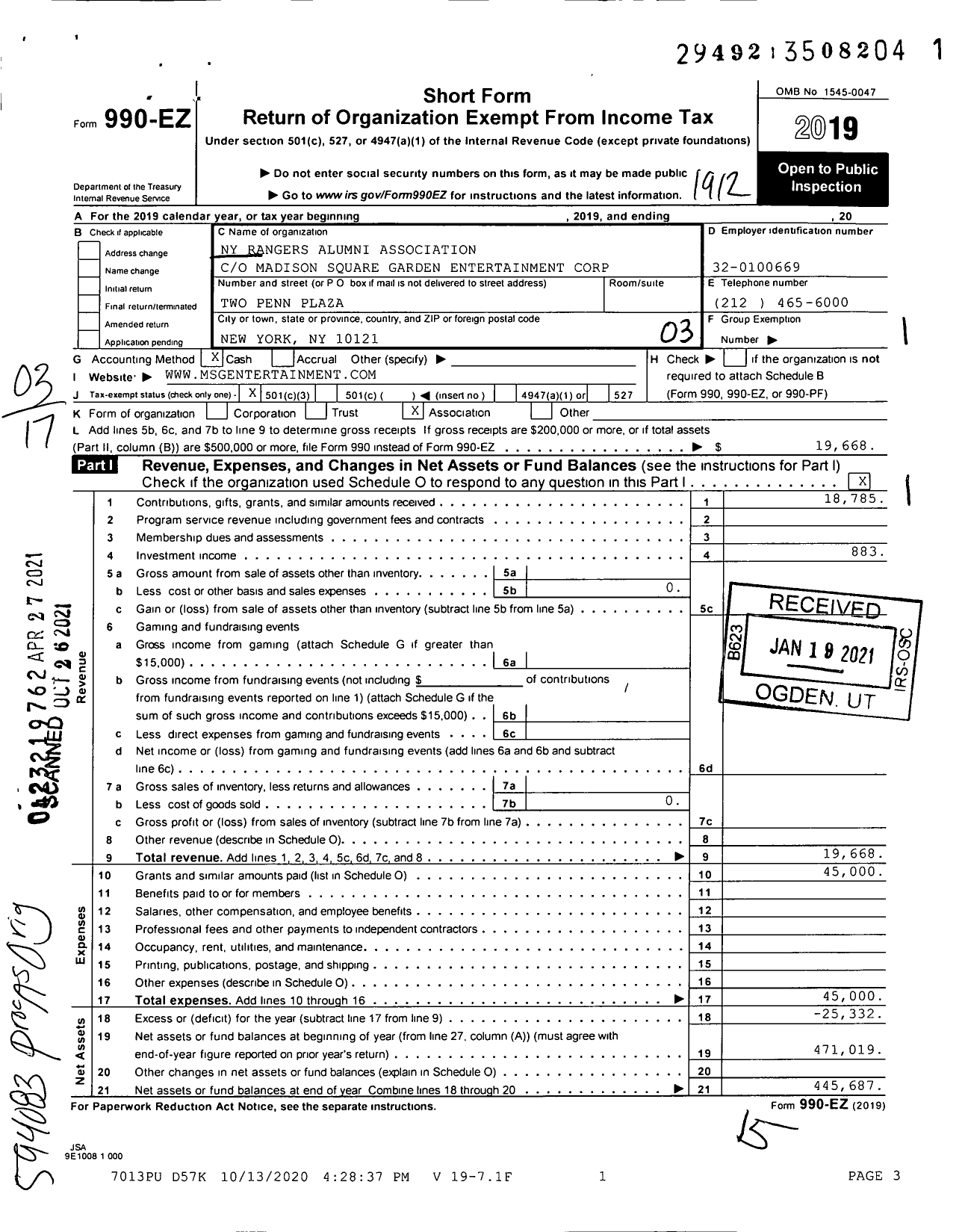 Image of first page of 2019 Form 990EZ for New York Rangers Alumni Association