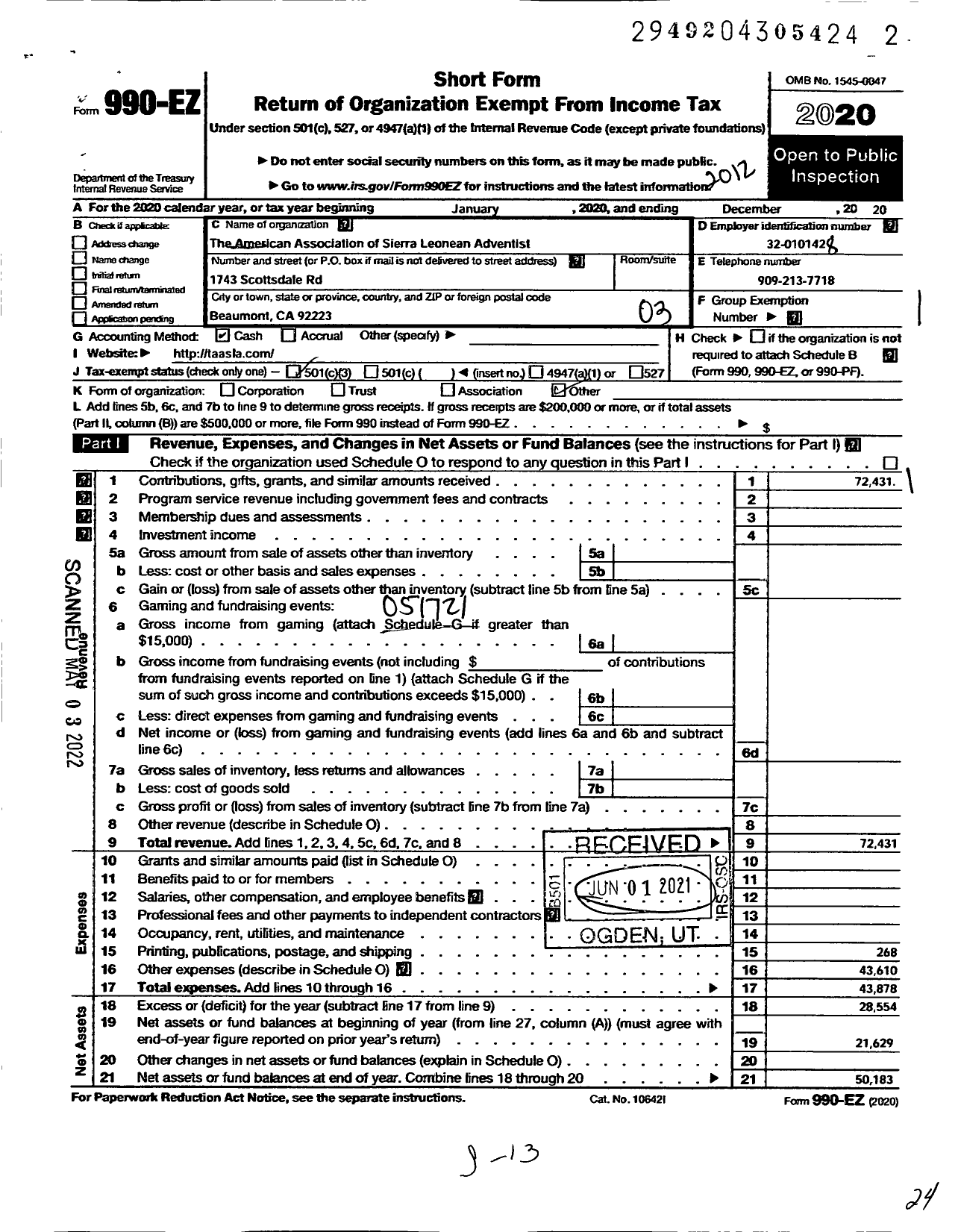 Image of first page of 2020 Form 990EZ for American Association of Sierra Leonean Adventists