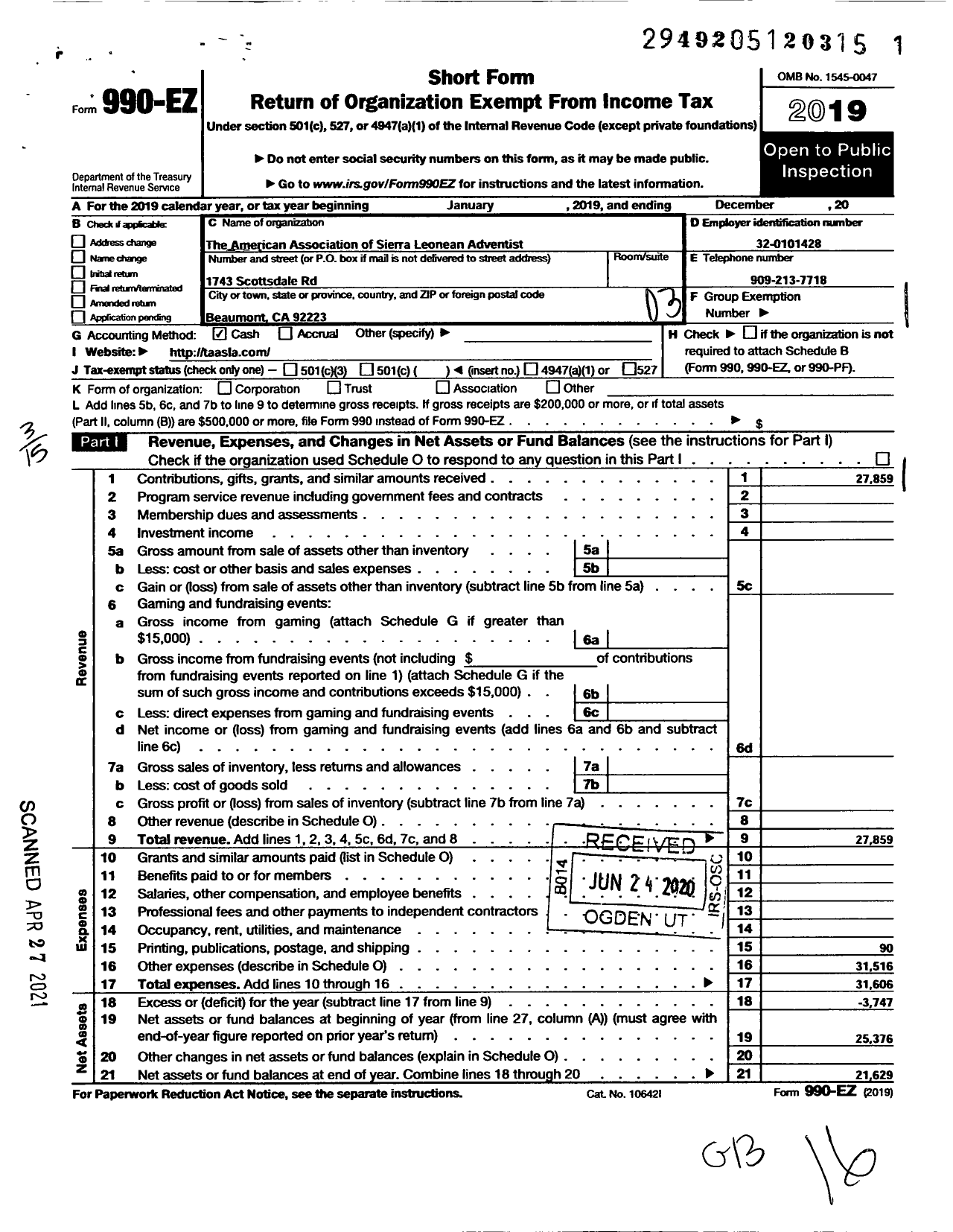 Image of first page of 2019 Form 990EZ for American Association of Sierra Leonean Adventists