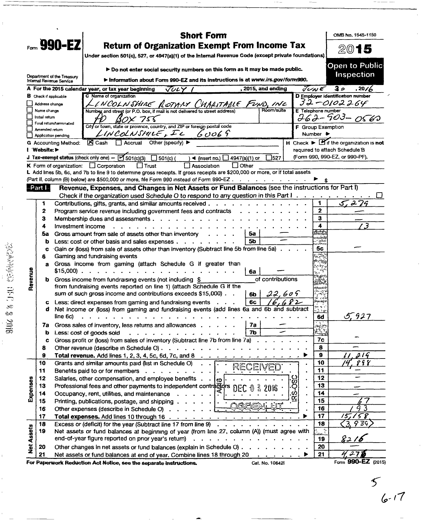 Image of first page of 2015 Form 990EZ for Lincolnshire Rotary Charitable Fund