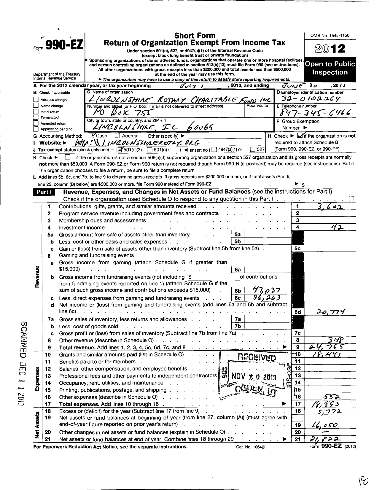 Image of first page of 2012 Form 990EZ for Lincolnshire Rotary Charitable Fund