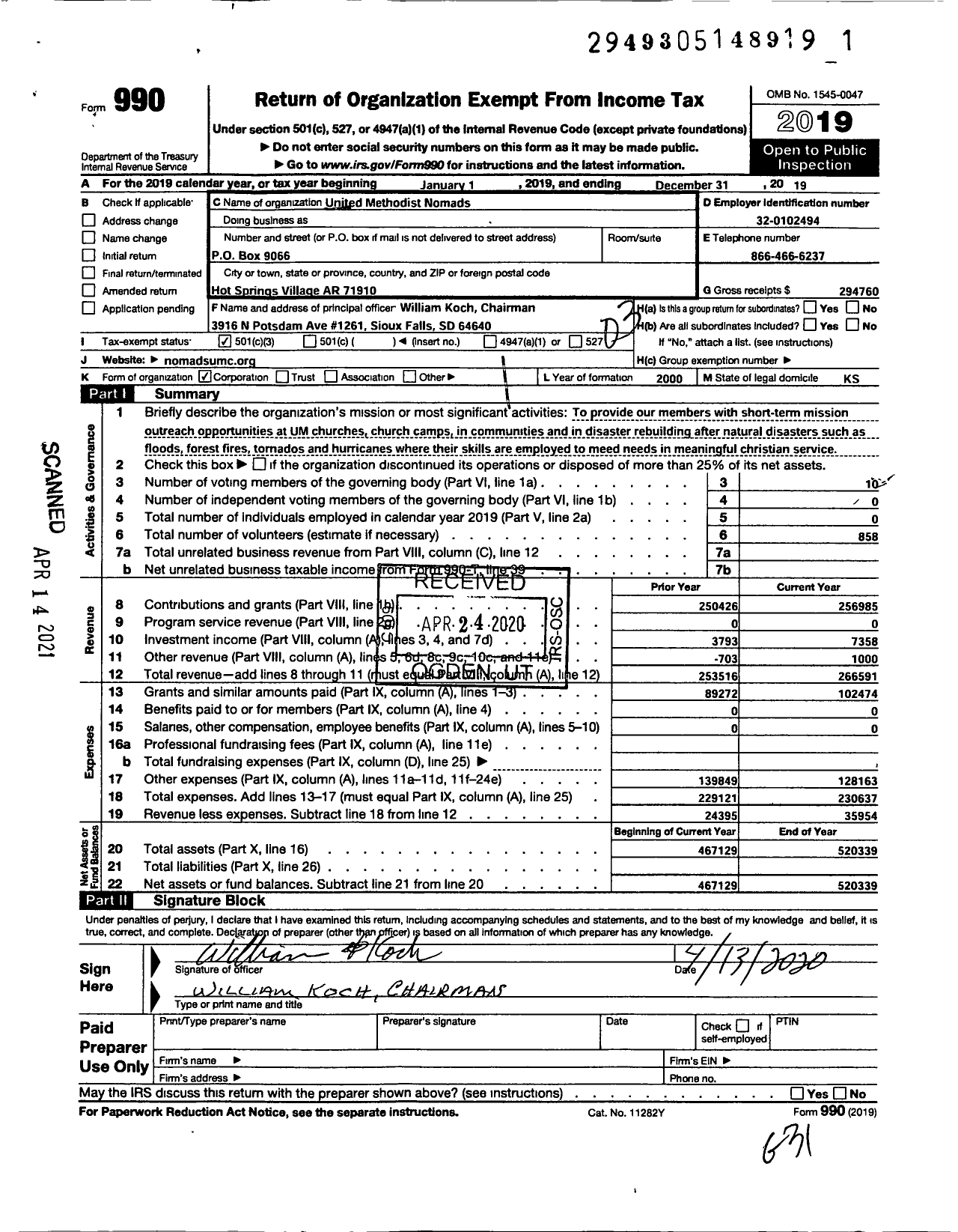 Image of first page of 2019 Form 990 for United Methodist Nomads