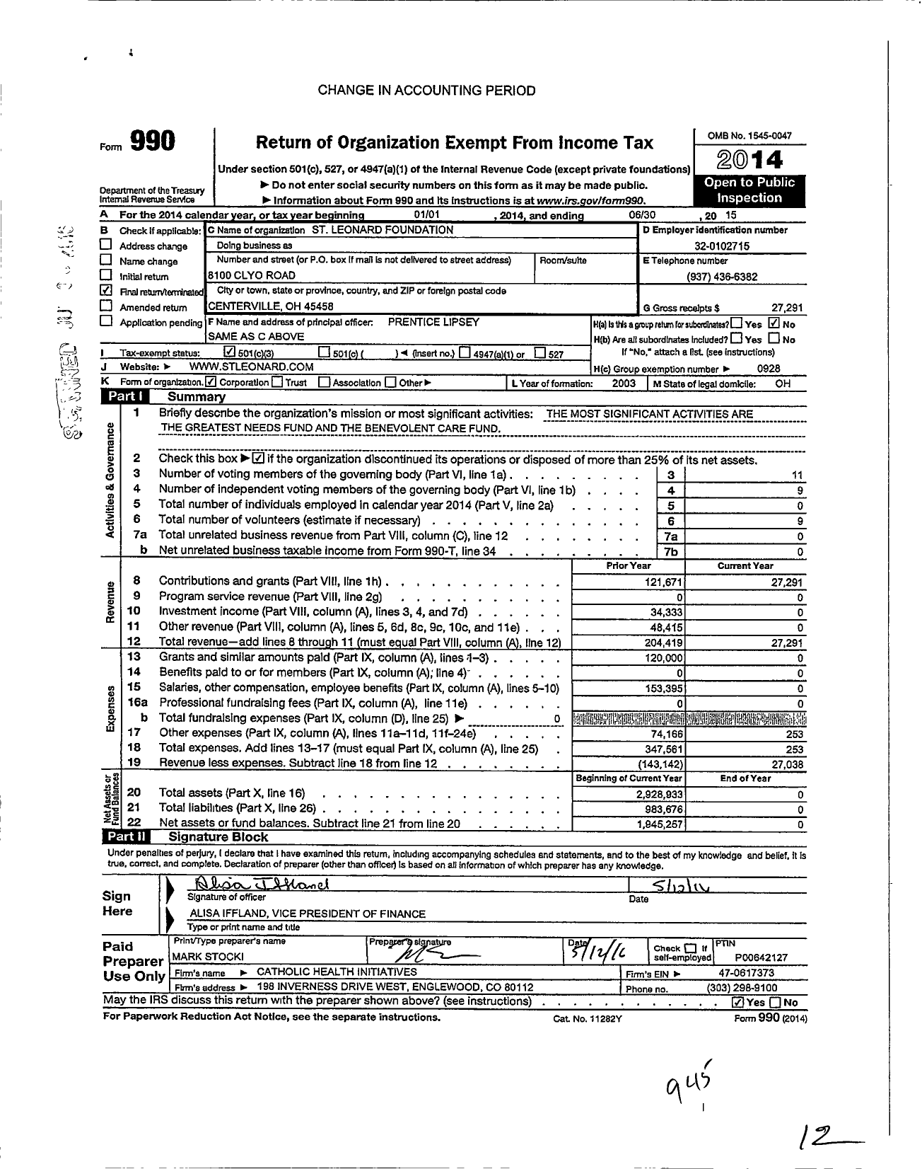 Image of first page of 2014 Form 990 for St Leonard Foundation