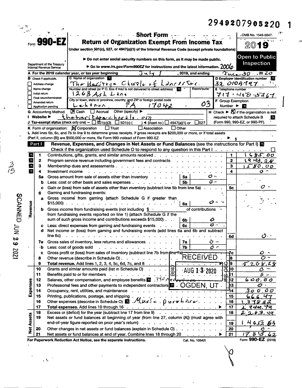 Image of first page of 2019 Form 990EZ for Heritage Chorale of Lancaster