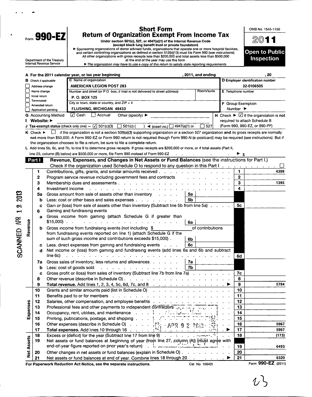 Image of first page of 2011 Form 990EZ for American Legion - 283 Flushing American Legion