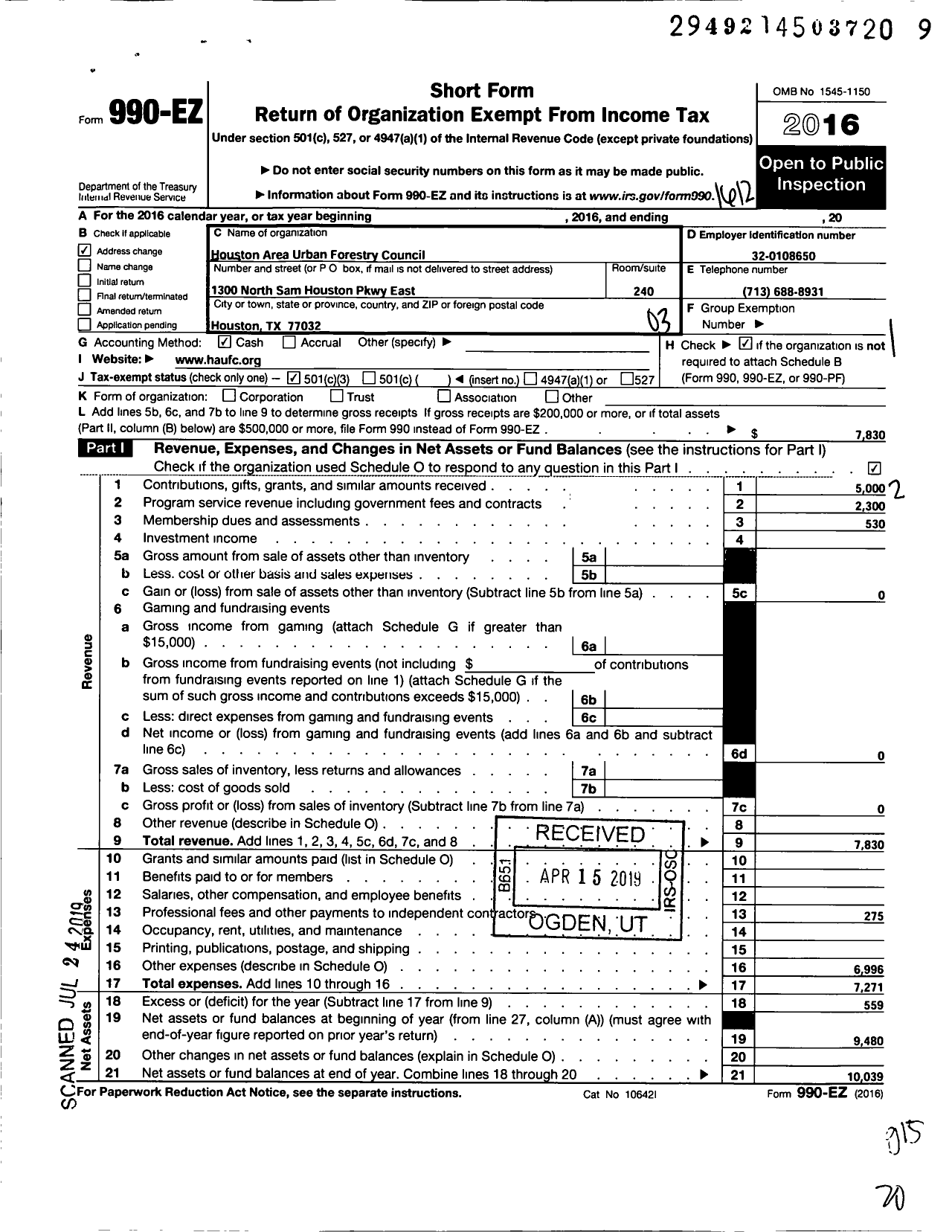 Image of first page of 2016 Form 990EZ for Houston Area Urban Forestry Council