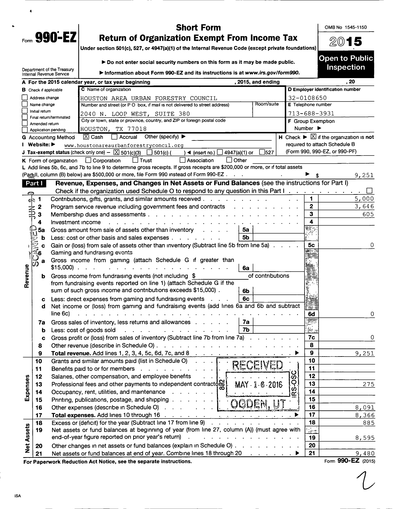 Image of first page of 2015 Form 990EZ for Houston Area Urban Forestry Council