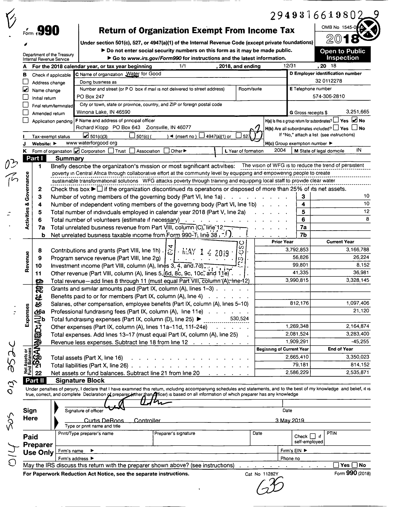 Image of first page of 2018 Form 990 for Water for Good