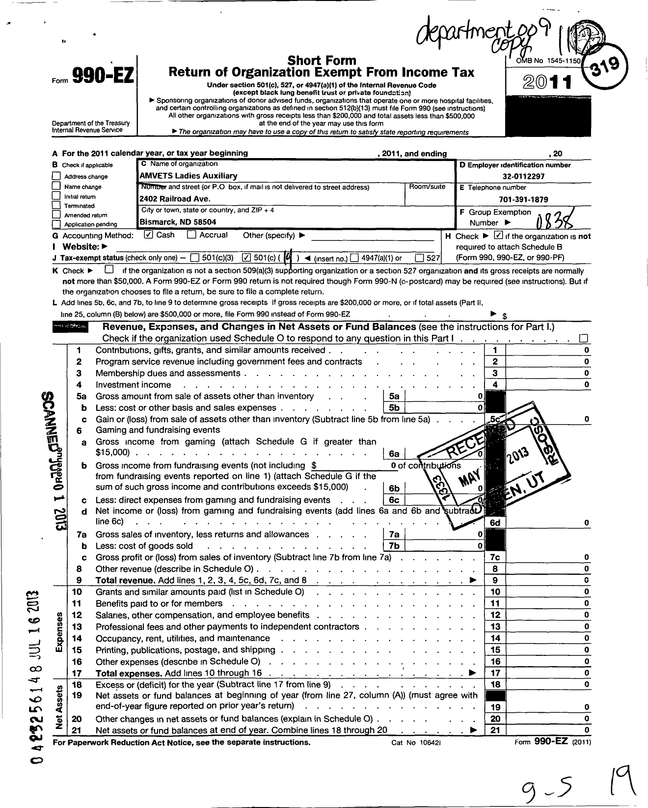 Image of first page of 2011 Form 990EO for Amvets - 09