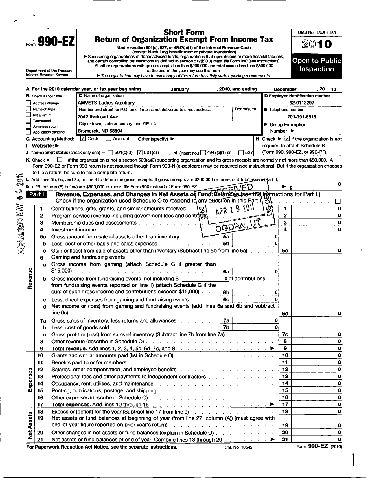 Image of first page of 2010 Form 990EO for Amvets - 09
