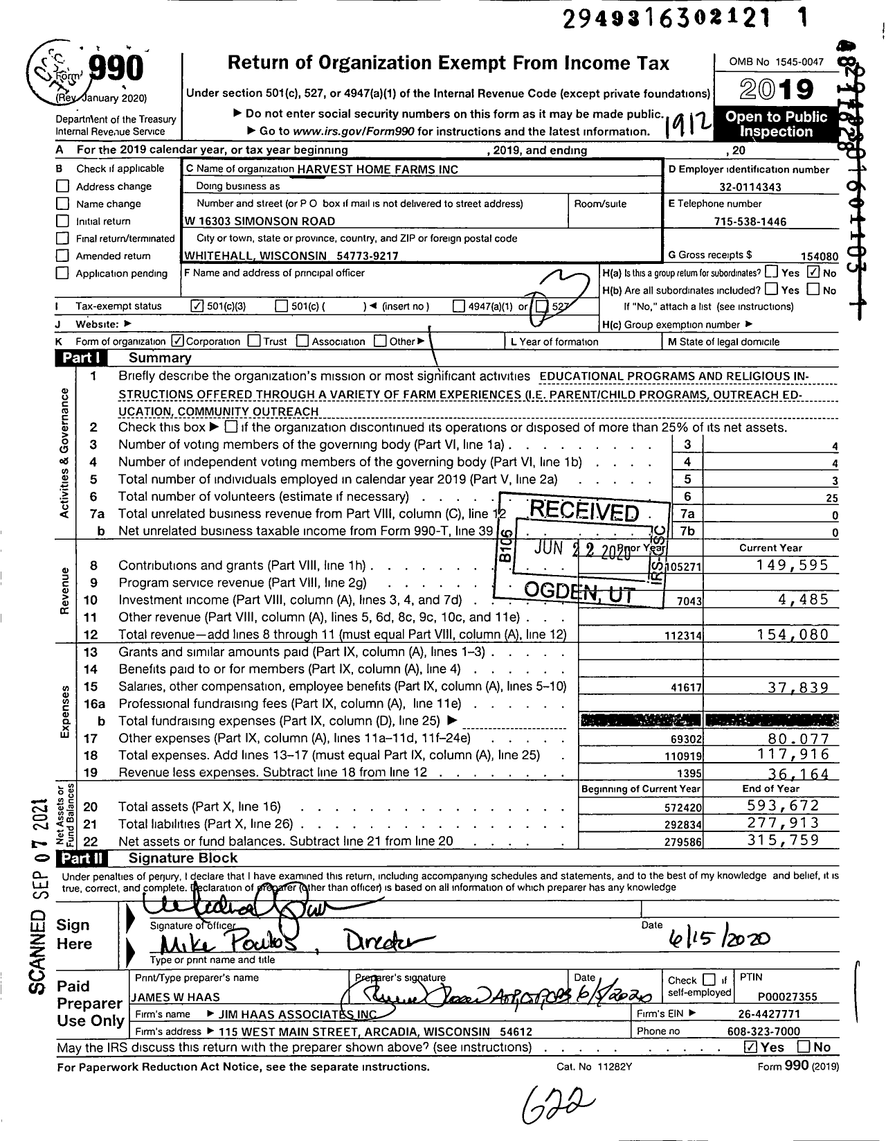 Image of first page of 2019 Form 990 for Harvest Home Farms