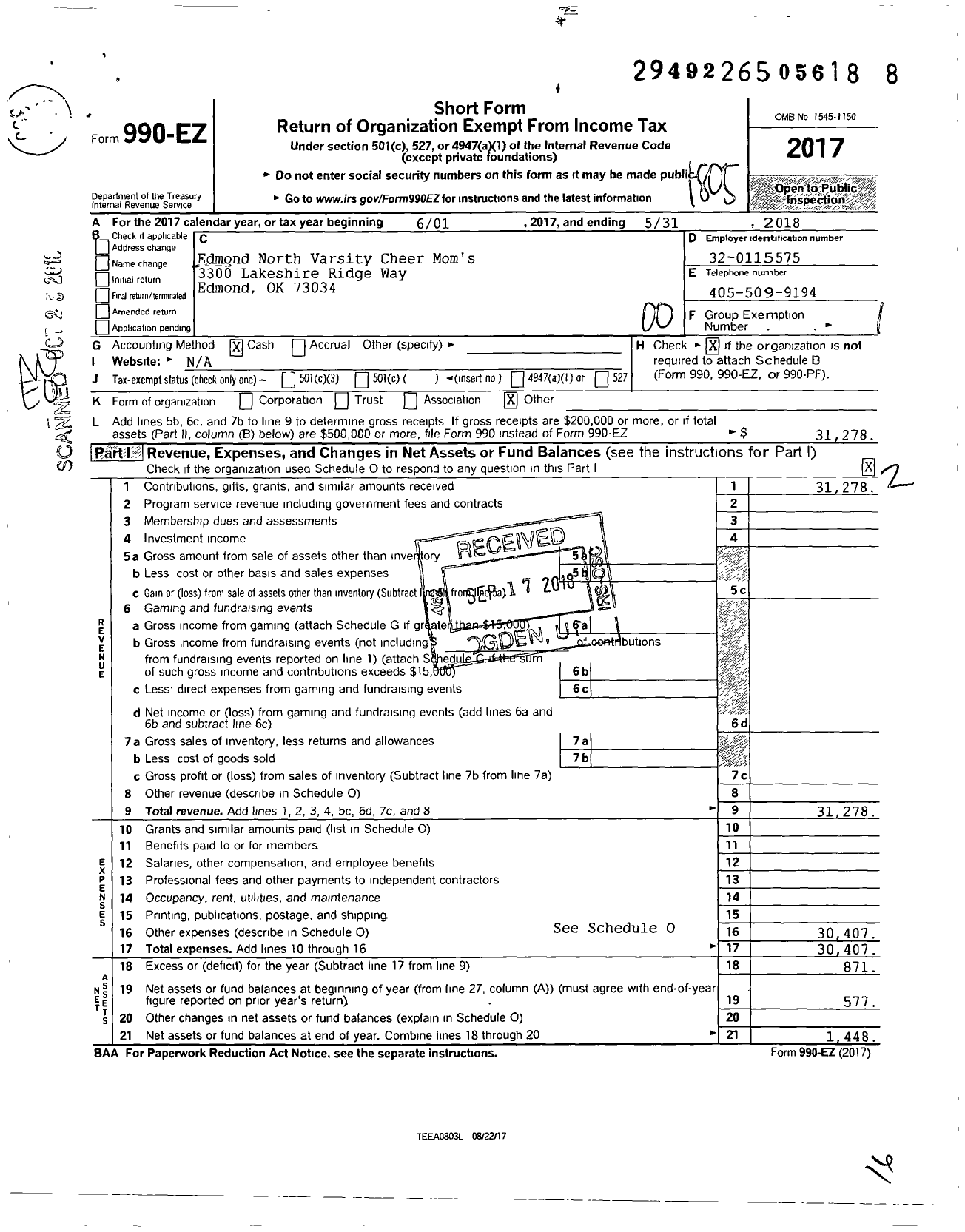 Image of first page of 2017 Form 990EO for Parent Booster USA / Edmond North Varsity Cheer Moms Inc