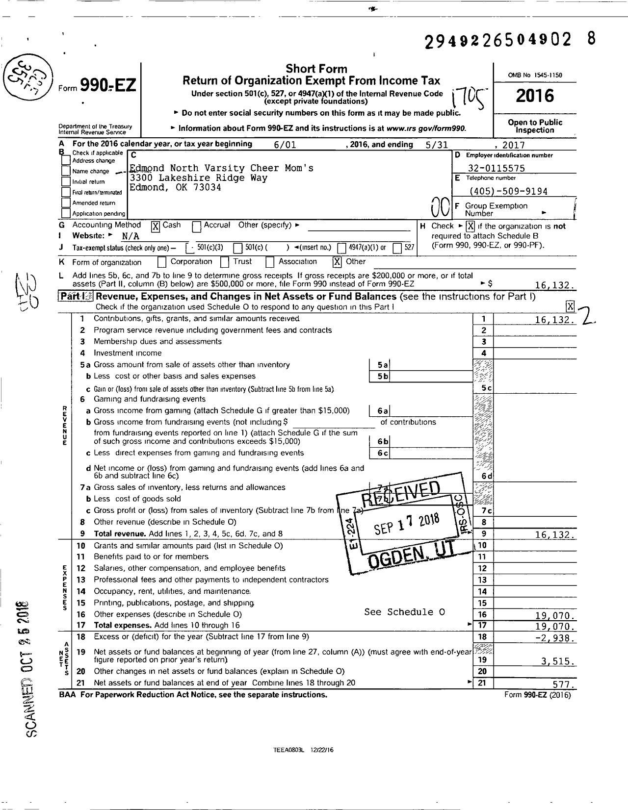 Image of first page of 2016 Form 990EO for Parent Booster USA / Edmond North Varsity Cheer Moms Inc